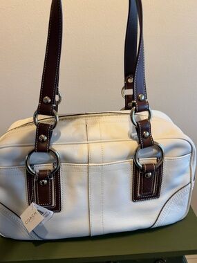 NWT Coach SOHO Pebbled Leather LARGE Satchel in White with Brown Trim